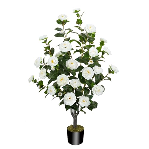 "MHMJON 43.3""/3.6FT Artificial Camellia Trees for Outdoor - Fake White Camellia Silk Flowers Tree with Pot, Tall UV Resistant Faux Outdoor Plants for Front Porch Indoor Home Decor"