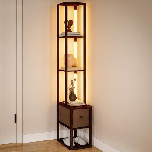 HOMCOM Floor Lamp with Shelves LED Standing Lamp Fabric Drawer Dark Brown
