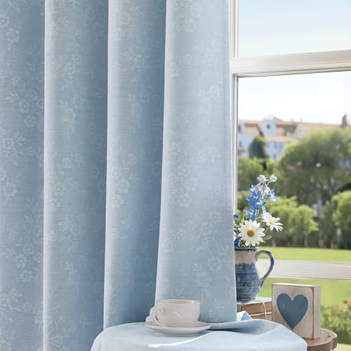 Beauoop Blue Floral Jacquard Blackout Curtains 63 Inches Long 2 Panels for Living Room Bedroom Chenille Flower Room Darkening Thermal Insulated Soundproof Grommet Window Drapes, 52x63 Set of 2