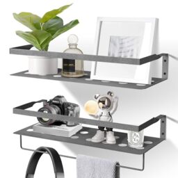 Uten Floating Shelves, Iron Wall Mounted Shelf with Towel Bar, Wall Hanging Organizer Iron Shelves Set of 2 for Bedroom, Bathroom, Living Room, Kitchen, Laundry Room, Office