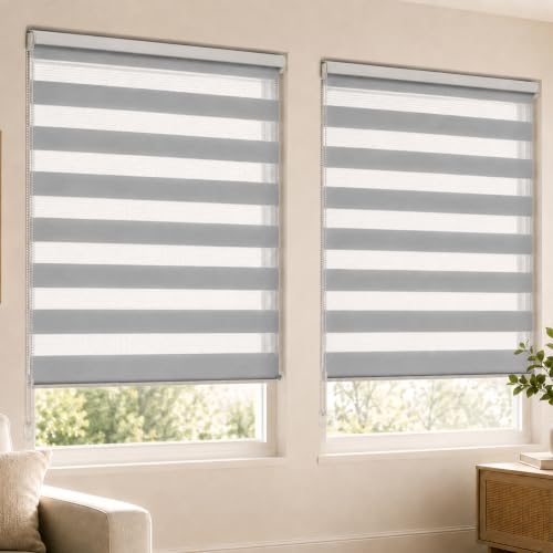 VOUNOT® Set of 2 Day and Night Blinds No Drill, Zebra Roller Blinds for Windows, Double Layer Translucent and Blackout Fabric, Easy Installation Window Shades, Grey, 80 x 150 cm
