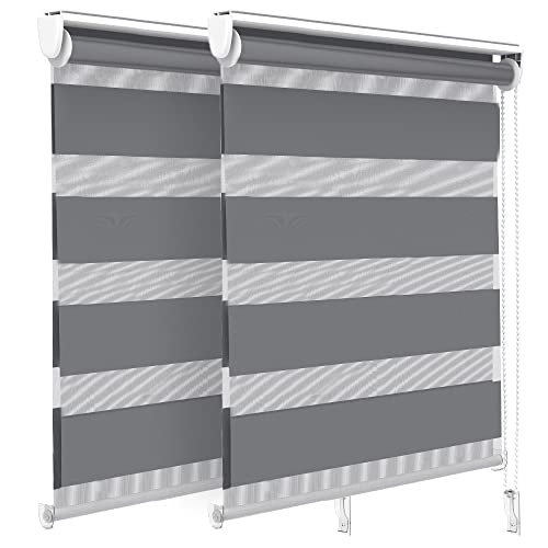 VOUNOT® Set of 2 Day and Night Blinds No Drill, Zebra Roller Blinds for Windows, Double Layer Translucent and Blackout Fabric, Easy Installation Window Shades, Grey, 80 x 150 cm