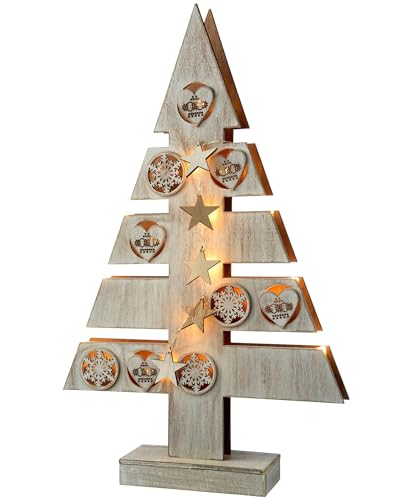 WeRChristmas Pre-Lit Star and Heart Christmas Tree Table Decoration, Wood, 47 cm - White