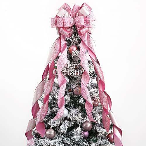 "MEEDEE Pink Glitter Christmas Bows - Velvet Bows for Christmas Tree (12"" Wide, 1 Pack)"