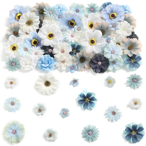 GAATEEK 90 Pcs Mini Artificial Silk Flower Heads - Blue Peony, Daisy, Rose Floral Appliques for Spring Summer Crafts - DIY Wreath Accessories for Wedding/Home Decor/Party/Graduation Cap