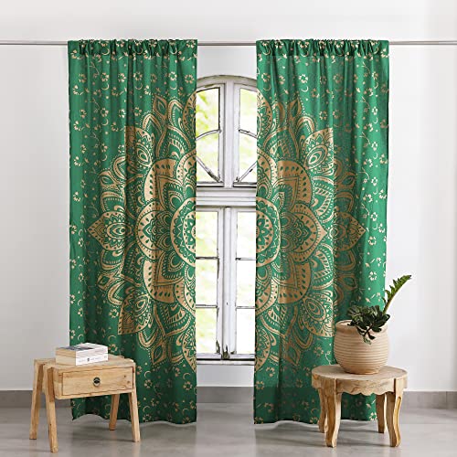 Popular Handicrafts Indian Hippie Mandala Kitchen Window Curtains - Passion Bohemian Beautiful Drapery Bedroom Living Room Balcony Valance Green Gold (Kp1814)