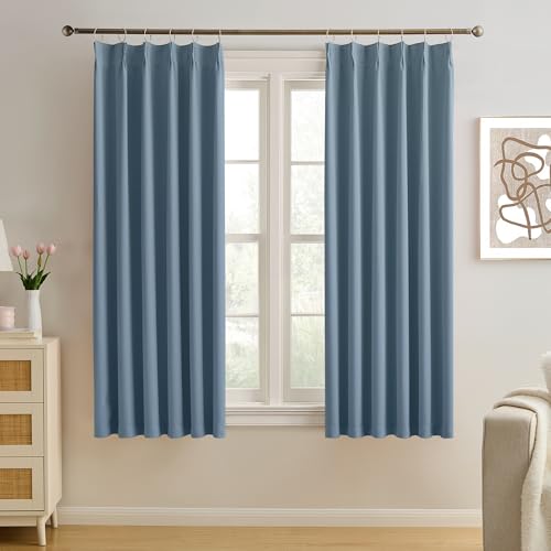 KEQIAOSUOCAI Dusty Blue Pinch Pleated Curtains Blackout 40x63 2 Panels