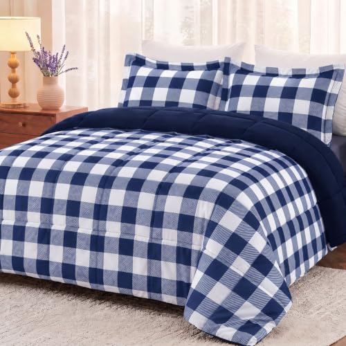 downluxe Lightweight Plaid Comforter Set (Queen) with 2 Pillow Shams - 3-Piece Set - Blue/White Plaid - Down Alternative Reversible Comforter