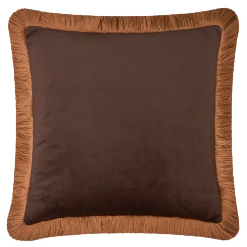 furn. Halo Fringed Velvet Polyester Filled Cushion (Chocolate - 50x50cm) - Soft Colour Block Contrasting Trim Luxury Decorative Pillow