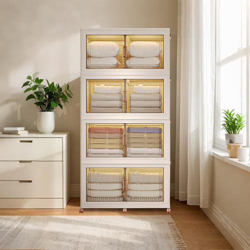 GarveeHome 4 Tier Stackable Storage Boxes with Lid, 4x145l Closet Organizers Collapsible Storage Bin with Wheels, Plastic Foldable Shoe Storage Cabinet Containers for Home, Office, Dorm, 85x48x176Cm