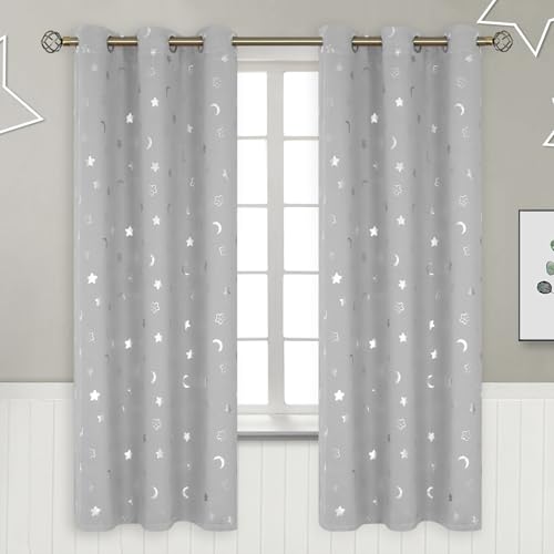 BGment Nursery Curtains for Kids Room, Star and Moon Blackout Curtains for Girls Boys Bedroom, Room Darkening Thermal Insulated Decoration Window Grommet Curtains, 2 Panels of 42 x 72 Inch, Light Grey