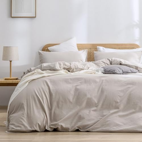 BESTOUCH Cotton Solid Duvet Cover Set Linen Feel Linen Grey Oversized Full - Washed Cotton, Linen Feel, Soft Wrinkle Texture, Hidden Zipper, 8 Ties, Breathable Lightweight Durable Comfy, 3Pcs No Insert