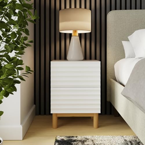 GFW Karla Bedside Table, White 2 Drawer Nightstand with Textured Front & Wooden Legs