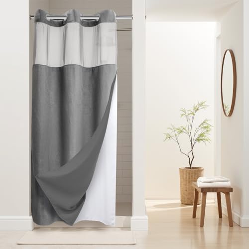 River Dream Stall Heavyweight No Hooks Required Dotted Waffle Weave Shower Curtain with Snap in Liner - 36W x 74H,Hotel Grade,Spa Like Bath Curtain,Gray