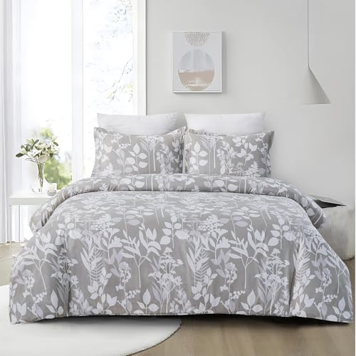 Vaulia Floral Duvet Cover Queen Size, Grey Botanical Print Pattern, Lightweight Soft Microfiber Reversible Design, 3-Piece Set (1 Duvet Cover 2 Pillow Shams)