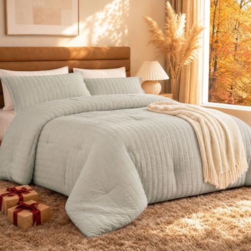Quataly Oatmeal California King Comforter Set - 3 Pieces Seersucker Lightweight Bedding Comforter Sets (1 Soft Fluffy Comforter & 2 Pillowcases) - All Seasons Cozy Modern Bed Sets