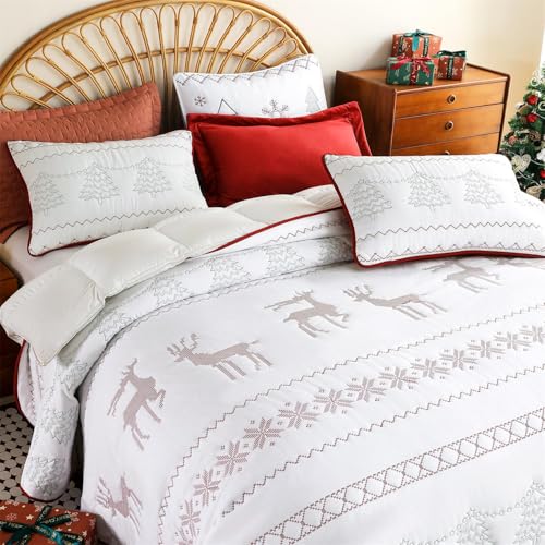 "Cmfshape Christmas King Size Quilt Set Red-106""x96"" Cal King Bedspread with 2 Pillow Shams-Exquisite Embroidery Bedding Comforter for All Season-Lightweight Coverlet-Festival Decorations"