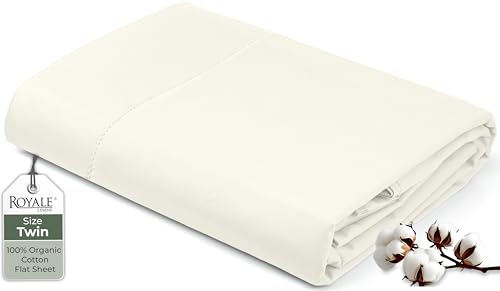 "Royale Linens 100% Organic Cotton Twin Flat Sheet Only - Super Soft - Percale Top Sheets - Twin Flat Sheet Sold Separately - Breathable, Cool & Crisp Ivory Sheets Only (66"" x 96"", Ivory)"