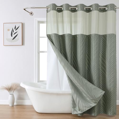 eachope no Hook Shower Curtain and Liner Set???Boho Style with See Through Top Window, SageGreen Fabric Tufted Striped Textured Outer Curtain & Waterproof Inner Liner, SageGreen, 71Wx86H