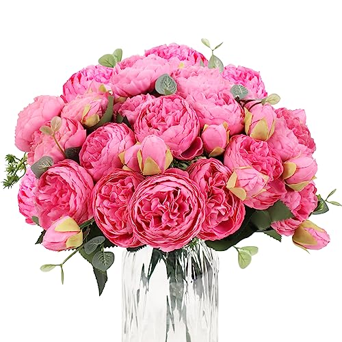 DEEMEI 4 Bundles Peonies Artificial Flowers, Fake Silk Peonies Bouquet of Flowers for Home Decor Faux Floral Table Centerpieces for Kitchen Bathroom Wedding Party Decor(Red Rose)