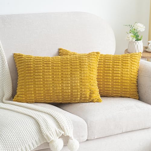 Smile of hope Pack 2 Mustard Yellow Corduroy Throw Pillow Covers 12 x 20 - Striped decorative pillow covers with hidden zipper, anti-pilling, fade resistant & machine washable, farmhouse sofa decor
