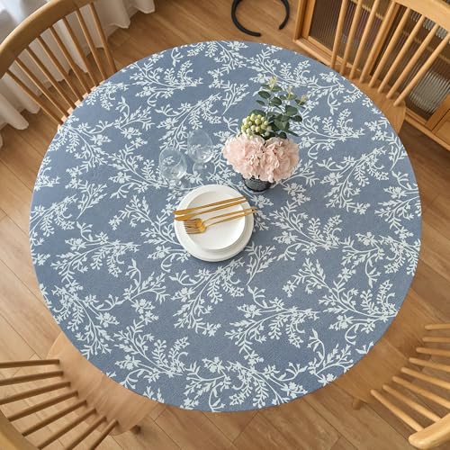 LIBERECOO Round Fitted Vinyl Tablecloth with Flannel Backing, Elastic Edge Waterproof Table Cloth Plastic Table Cover for Indoor & Outdoor