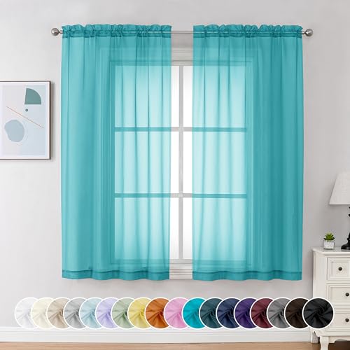 Chyhomenyc Turquoise Sheer Curtains 63 Inches Long 2 Panels Light Filtering Rod Pocket Treatment Curtains for Bedroom Living Room Each of 42