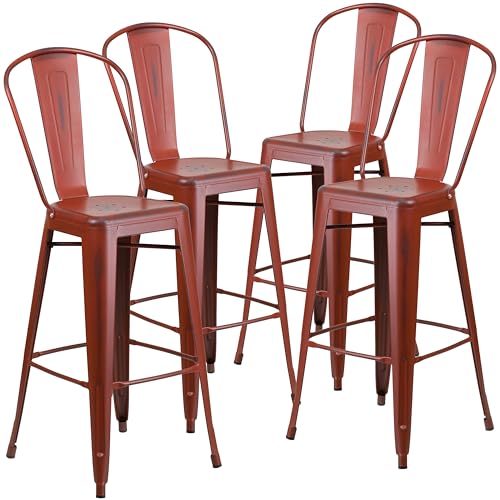 "Flash Furniture Blake Commercial Grade 4 Pack 30"" High Distressed Kelly Red Metal Indoor-Outdoor Barstool with Back"