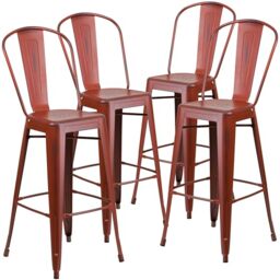 "Flash Furniture Blake Commercial Grade 4 Pack 30"" High Distressed Kelly Red Metal Indoor-Outdoor Barstool with Back"