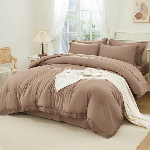 Andency Full Comforter Set, 7 Pieces Taupe Bedding - Boho Bed in a Bag, Soft Lightweight, Fringe Bed Set with Comforter(79x90), Sheets, Pillowcases & Shams