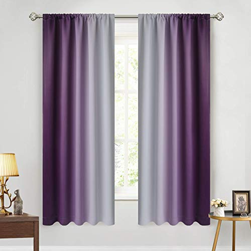 Yakamok 63 Inch Length Ombre Curtains, Light Blocking Gradient Color Curtains, Room Darkening Thermal Insulated Rod Pocket Window Drapes for Bedroom(Purple and Greyish White, 2 Panels, 52 Inch Width)