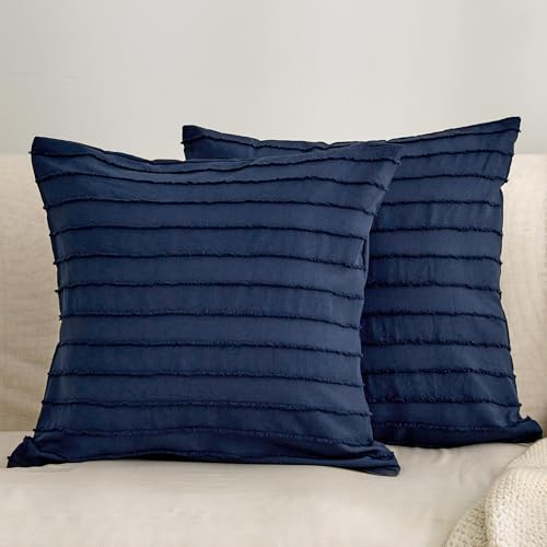 "JELLYMONI Navy Blue Striped Tufted Pillowcases 18""x 18"" - Perfect for Sofa & Bed Layering???Soft Textured Comfort???Decorative Accent Style???Easy Care???Oeko-Tex Certified"