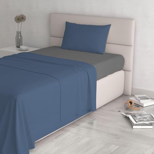 Italian Bed Linen Natural Color Bed Set (Flat 150x300, Fitted Sheet 90x200cm+Pillowcase 52x82cm), Petrol Bottle Green, 100% Cotton, avio/Smoke, SINGLE