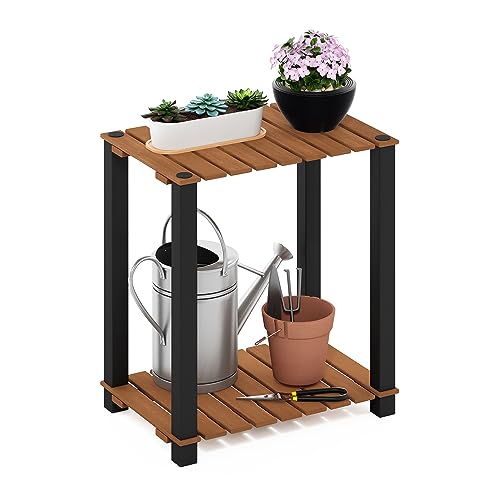 Furinno TURN-N-TUBE Plant Stand Indoor Outdoor, 2-Tier Rectangle Plant Shelf, Side Table with Square Poles, for Patio, Garden, Living Room, Balcony, Natural