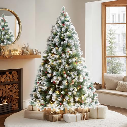 VeryMerry 5FT 'Claudia' Pre-Lit Christmas Tree with 200 Built-In Warm White LED Lights with Auto-Off Timer, 8 Lighting Modes, Decorative Pinecones and Berries