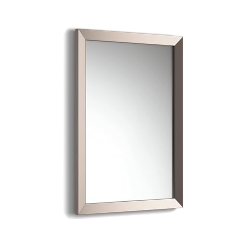 iBathUK Brillia Wall Mounted Bevelled Framed Bathroom Mirror, Modern Rectangular Portrait or Landscape Design Copper-Free Silver Mirror with PVC Frame in Metallic Nickel, 700 x 500mm