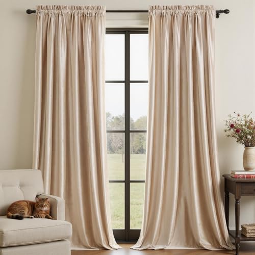 Primrose Blackout Curtains 96 inch for Living Room Velvet Rod Pocket Window Drapes Treatment Semi Room Darkening Decor Champagne Curtains for Bedroom Set of 2 Panels…