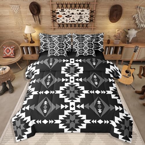 Western Aztec Sheet Sets King 7 Piece, Native American Navajo Comforter Set for Boys Teens, Southwestern Geometric Bedding Set Ethnic American Native Bed in A Bag Rustic Farmhouse Decor, Black White