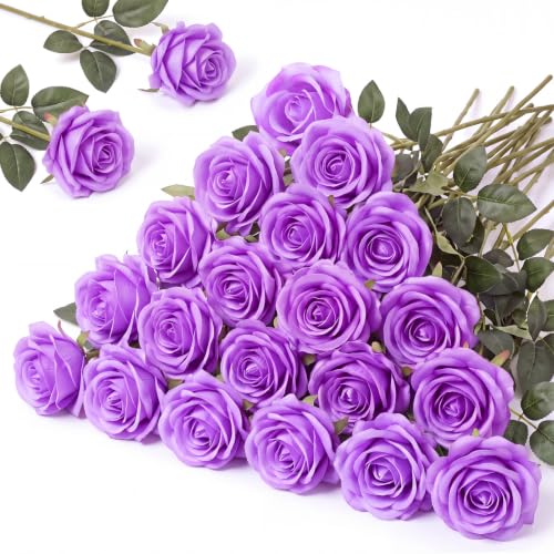 Hotop 20 Pcs Artificial Rose Flowers with Long Stem, Real Lifelike Silk Realistic Plastic Bouquet Roses Bulk for Home Decor Bridal Wedding Party Table Centerpieces Decorations(Purple)