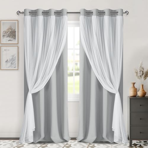 "DWCN Blackout Curtains with Sheer Overlay 84 Inch Long, Cloud Grey, 2 PCS - Room Darkening Mix & Match Double Layer Opaque Window Curtain Panels for Bedroom Living Room Drape, Grommet Top, 52"" Wx84"" L"