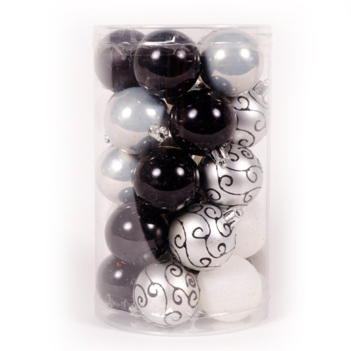WeRChristmas 25-Piece Deluxe Variety Christmas Tree Baubles Decoration Pack, Black/Silver