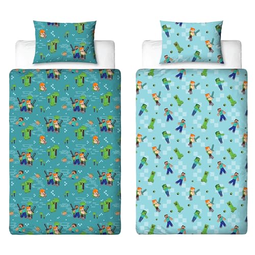 Minecraft Officially Licensed Single Duvet Cover Set - Level Up Design Reversible 2 Sided Bedding Includes Matching Pillowcase - Single Duvet Cover Set