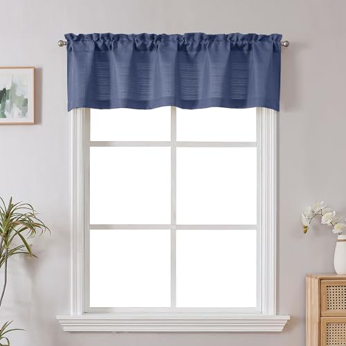 Chyhomenyc Blue Valance for Windows, Burlap Faux Linen Textured Semi Sheer Small Window Valance Curtain, Rod Pocket Bathroom Window Curtains Laundry Basement Valance, 60Wx18L Inch, 1 Piece