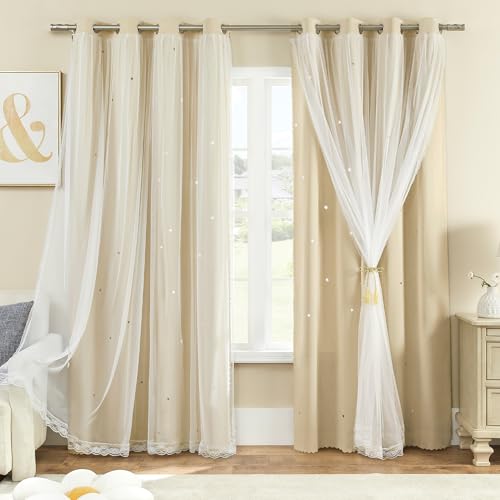 XiDi Curtains for Bedroom Decor Beige52/96/1 - Beige layered curtain, girls and kids bedroom decor, white sheer overlay,room darkening, grommet top
