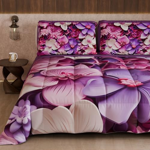 PETTI Artigiani Italiani - Winter Quilt, Winter Duvet, Double Sided Single Quilt Solid Colour and Digital Floral Print 05 23, 100% Microfibre, Made in Italy