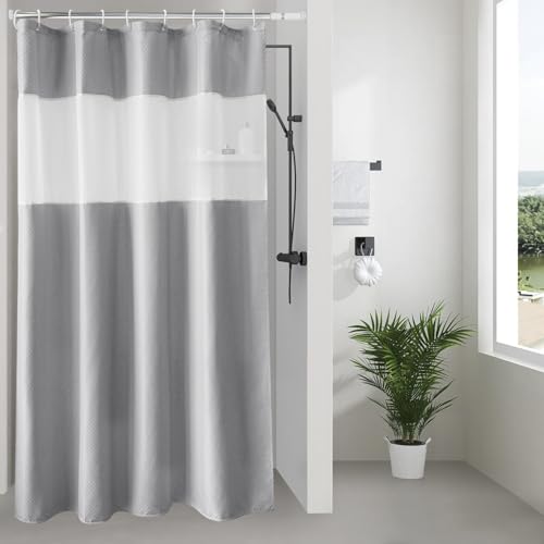 UFRIDAY Gray Waffle Weave Fabric Shower Curtain with Mesh Window, Stall Size Shower Curtain 36 X 72 inch,Heavy Duty Decorative Bathroom Curtain, Spa-Like Hotel Luxury, Water-Repellent,Gray