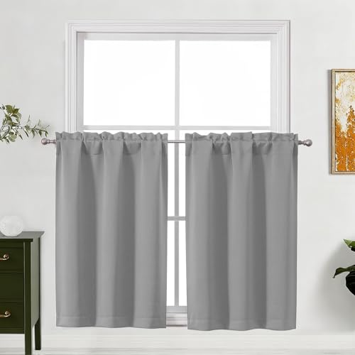"Lecloud Light Grey Kitchen Curtains 36 Inch Length 2 Pcs, Modern Farmhouse Decor Privacy Room Darkening Curtain, Short Window Drapes Rod Pockets for Bedroom Cafe Basement, Each Panel 30"" W x 36"" L"