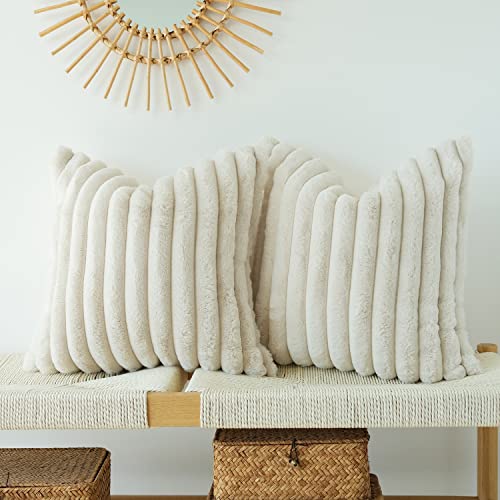 JOJUSIS Pack of 2 Faux Fur Plush Decorative Throw Pillow Covers Couch Cushion Case Soft Pillowcases (Beige, 18 x 18-Inch)
