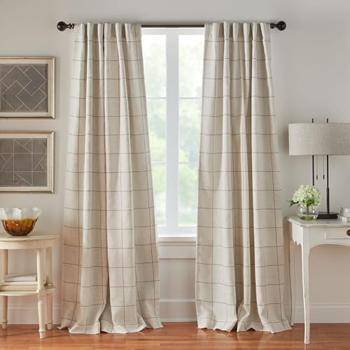 "Elrene Home Fashions Brighton Windowpane Plaid Blackout Window Curtain, Living Room and Bedroom Drape with Back Tab and Rod Pocket Tabs, 52""x108"", Linen, 1 Panel"