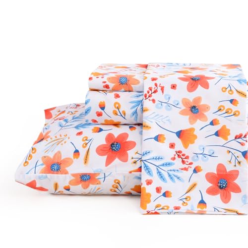 JSD Floral Printed Sheet Set Cal King, 4 Piece Flower Pattern Microfiber Bed Sheets Deep Pocket